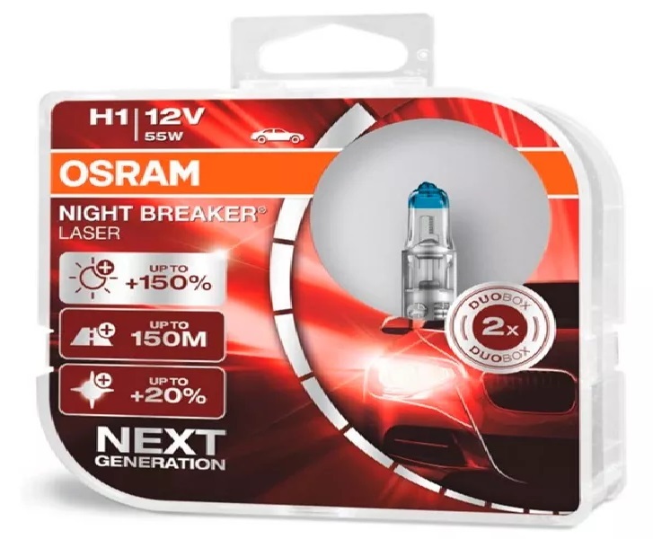Лампа галогенова 12в Н1 55w P14.5S NIGHT BREAKER LASER NEXT GENERATION +150% DUOBOX (2ШТ)Lampa halo