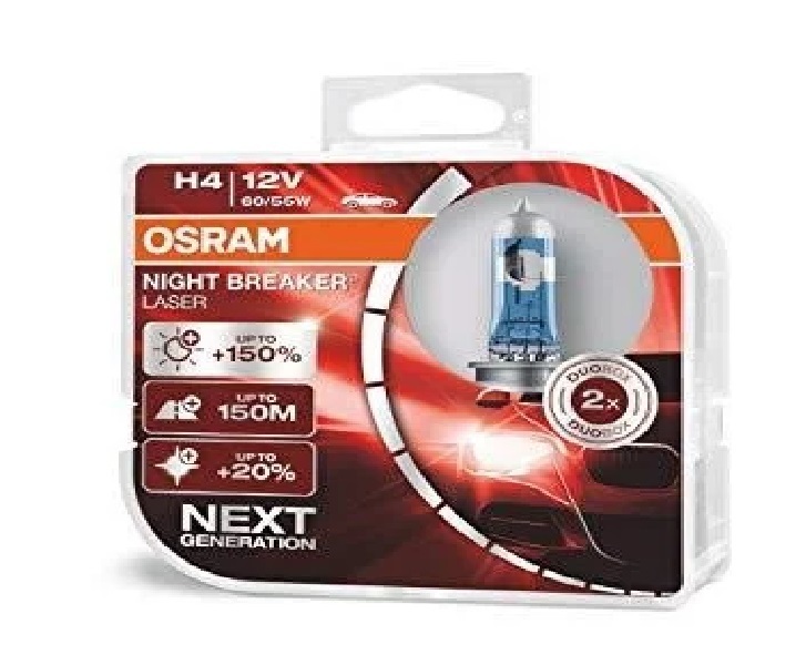 Лампа галогенова 12в Н4-43t 60/55w NIGHT BREAKER LASER NEXT GENERATION НА 150% БІЛЬШЕ СВІТЛО, ДО 150М ДЛИНІШЕ СВІТЛОВИЙ ПРОМІНЬ, DUOBOX (2ШТ)