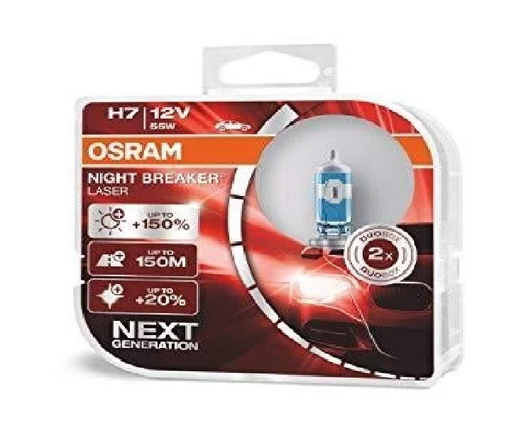 Лампа галогенова 12в Н7 55w PX26 NIGHT BREAKER LASER NEXT GENERATION НА 150% БІЛЬШЕ СВІТЛО, ДО 150М ДЛИНІШЕ СВІТЛОВИЙ ПРОМІНЬ, DUOBOX (2ШТ)