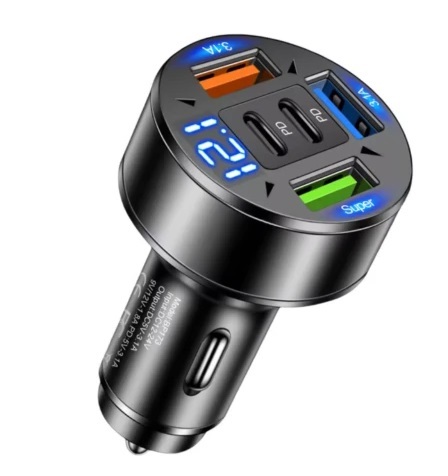 Вольтметр цифр. в прикурювач 12-24 V 0.22 5 портів USB (2USB 3.1A + Super+2PD) сині свічення